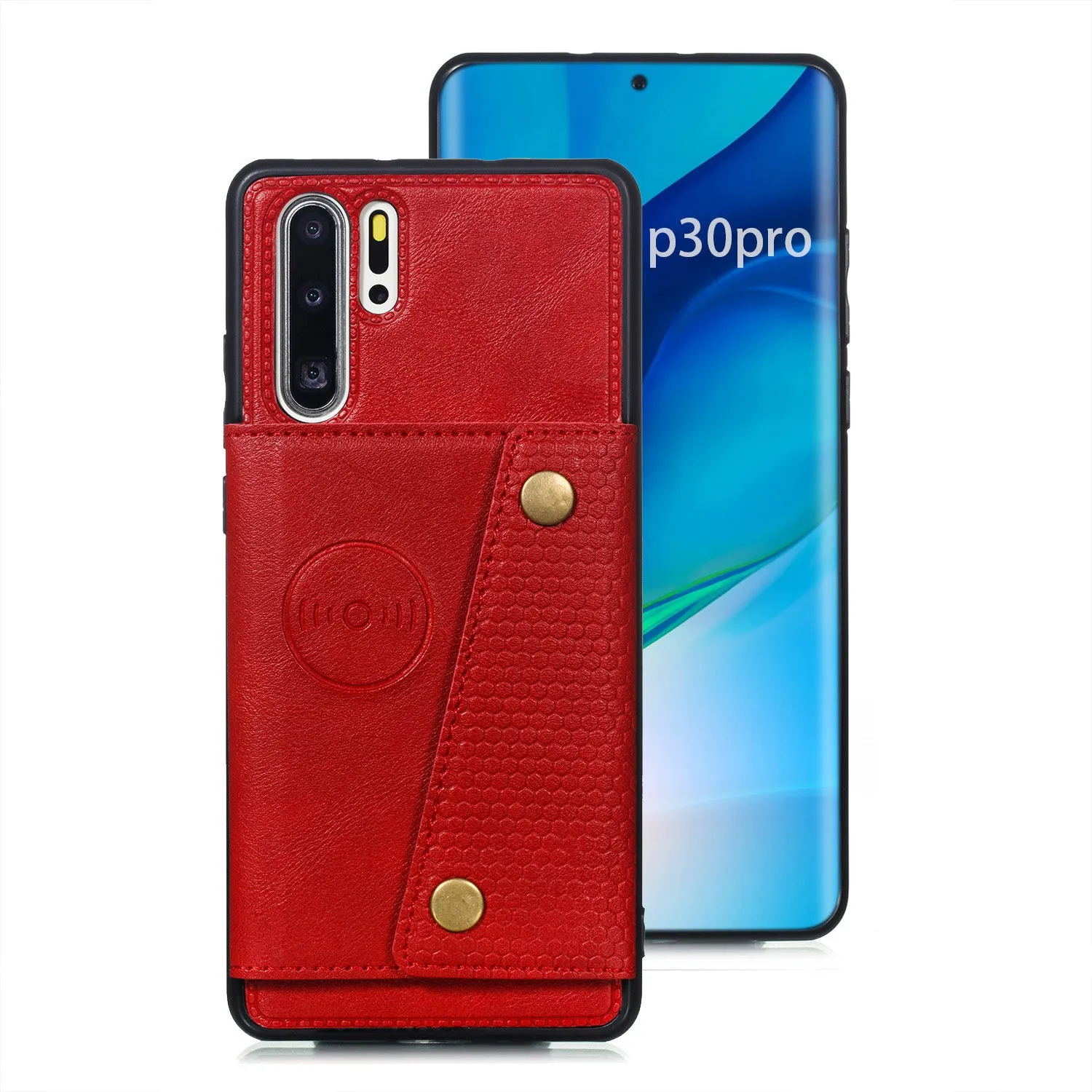 For Huawei P30 pro Double Buckle Non-slip Shockproof Cell Phone Case with Card Slot Bracket Light Brown