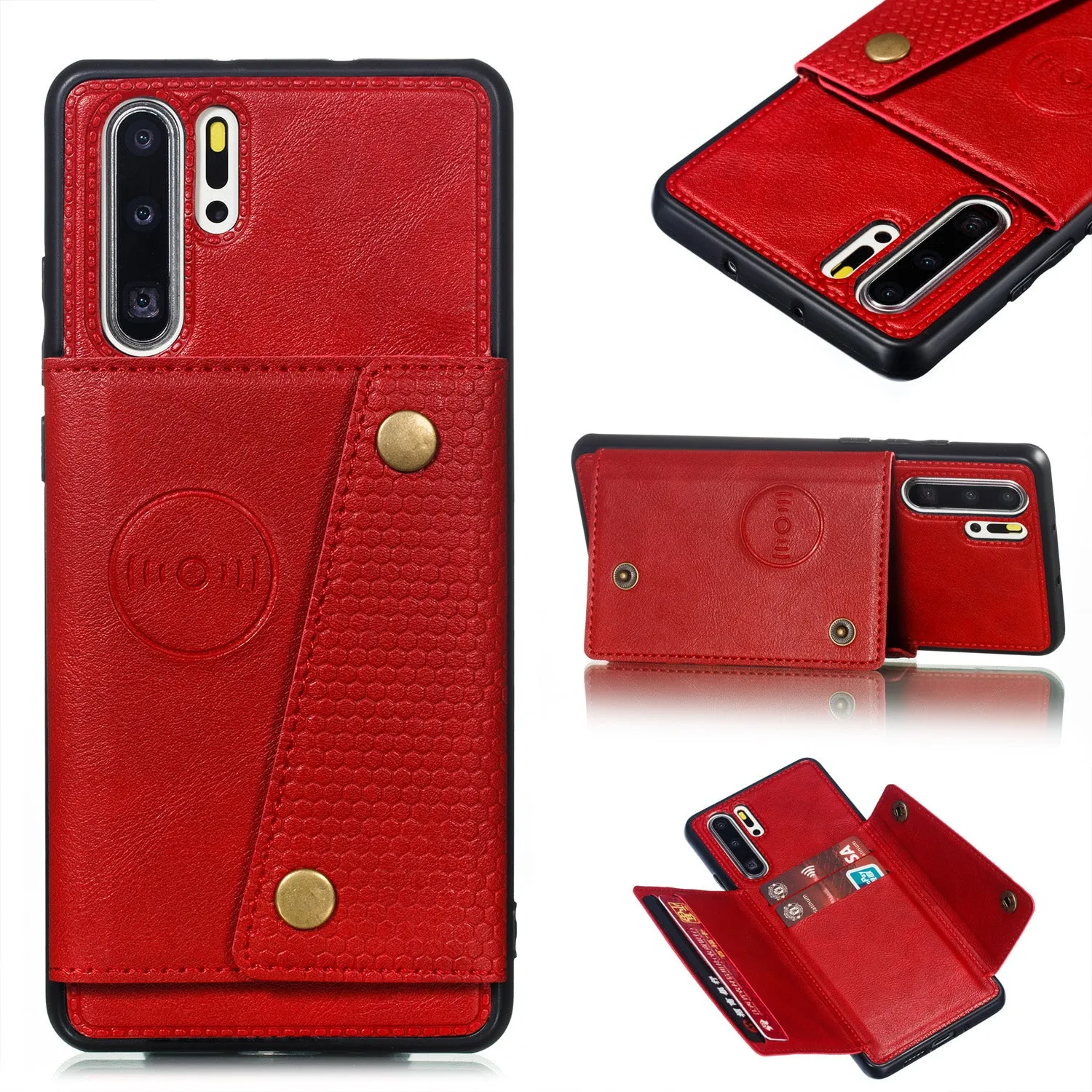 For Huawei P30 pro Double Buckle Non-slip Shockproof Cell Phone Case with Card Slot Bracket Light Brown