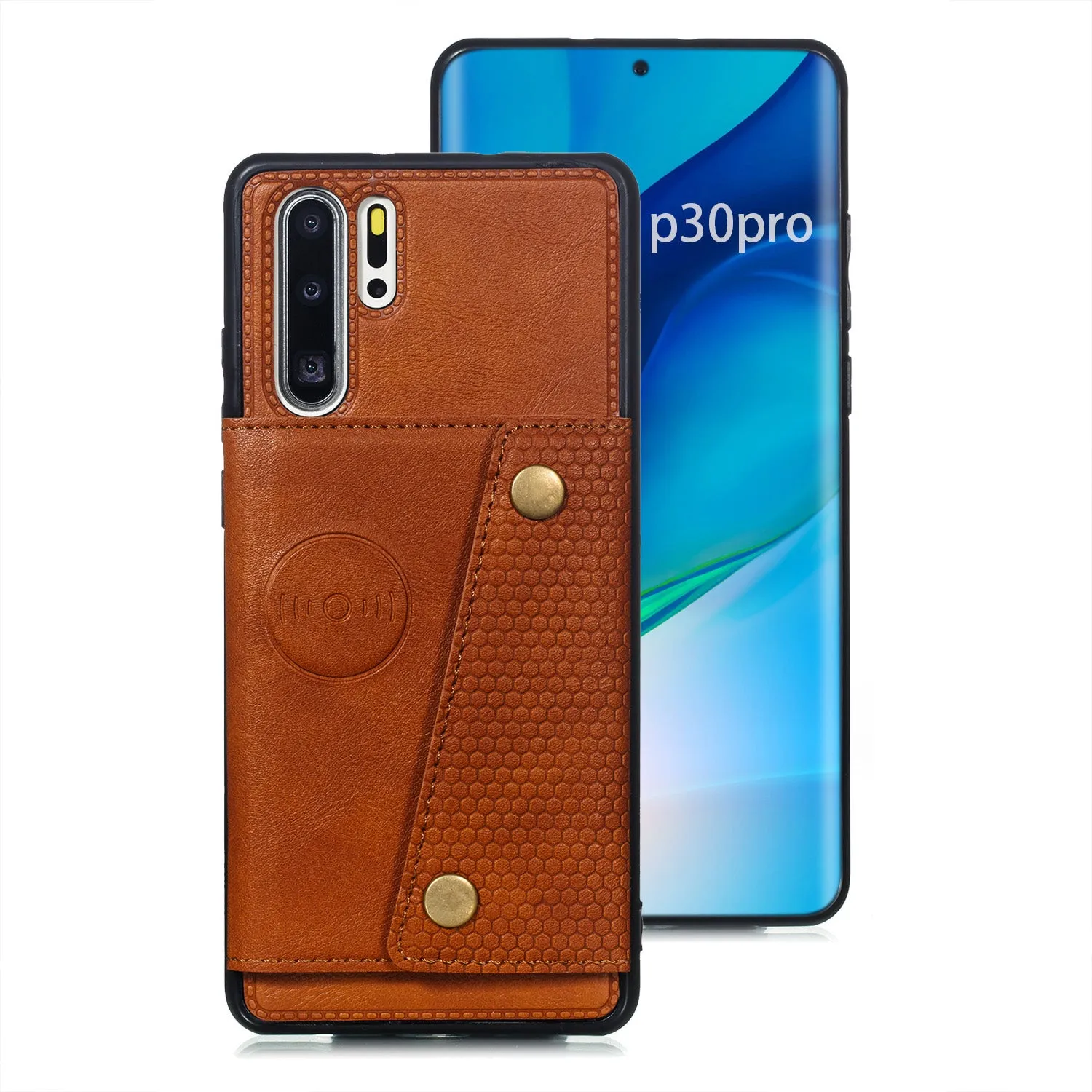 For Huawei P30 pro Double Buckle Non-slip Shockproof Cell Phone Case with Card Slot Bracket Light Brown