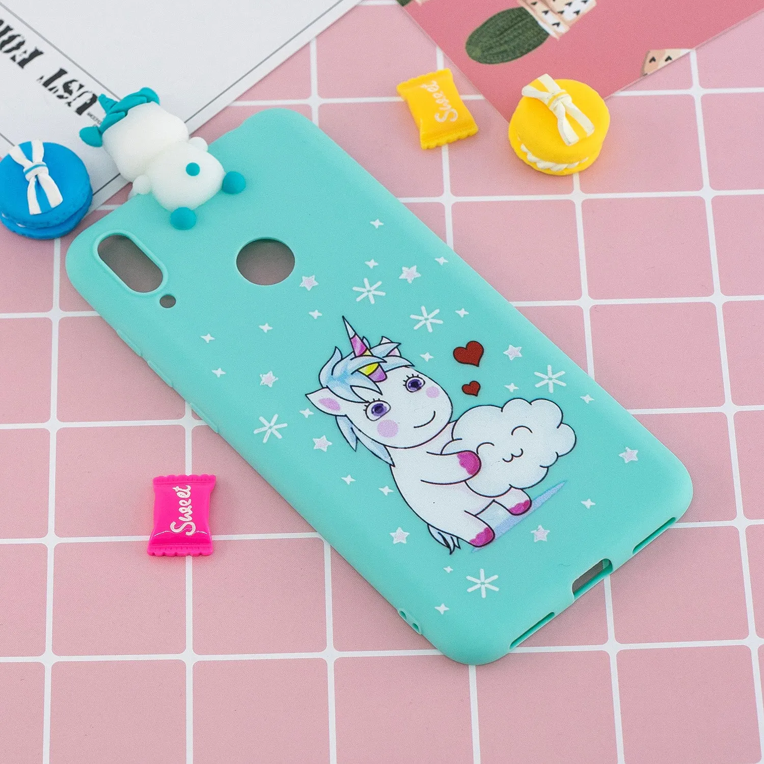 For Huawei Y6 2019 3D Cartoon Lovely Coloured Painted Soft TPU Back Cover Non-slip Shockproof Full Protective Case Love unicorn