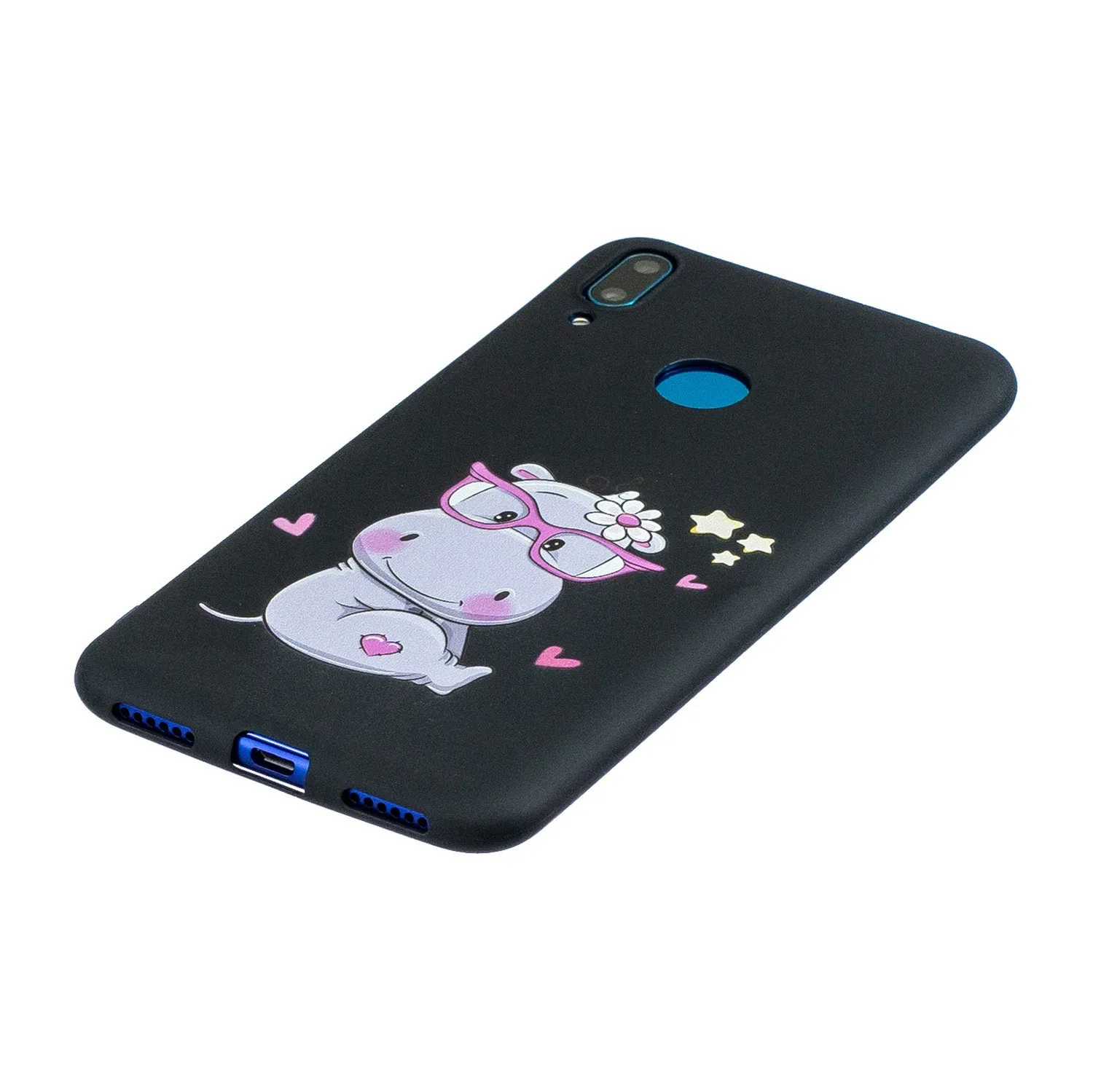 For HUAWEI Y7 2019 Cute Coloured Painted TPU Anti-scratch Non-slip Protective Cover Back Case with Lanyard black