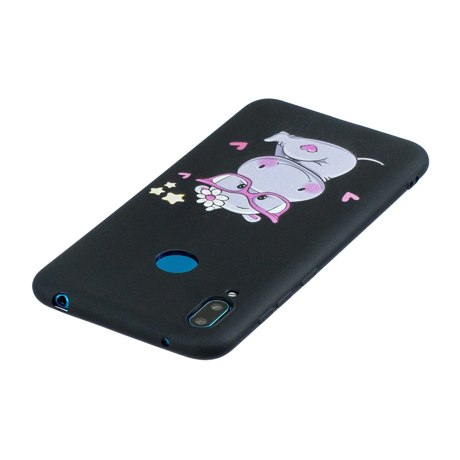 For HUAWEI Y7 2019 Cute Coloured Painted TPU Anti-scratch Non-slip Protective Cover Back Case with Lanyard black