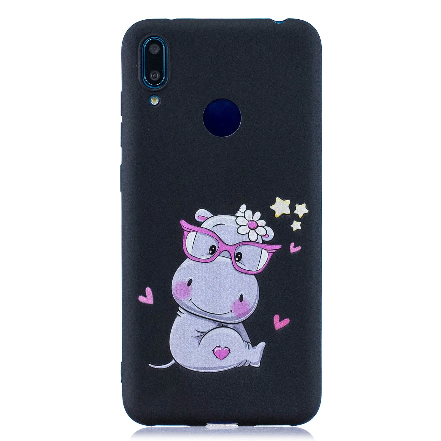 For HUAWEI Y7 2019 Cute Coloured Painted TPU Anti-scratch Non-slip Protective Cover Back Case with Lanyard black
