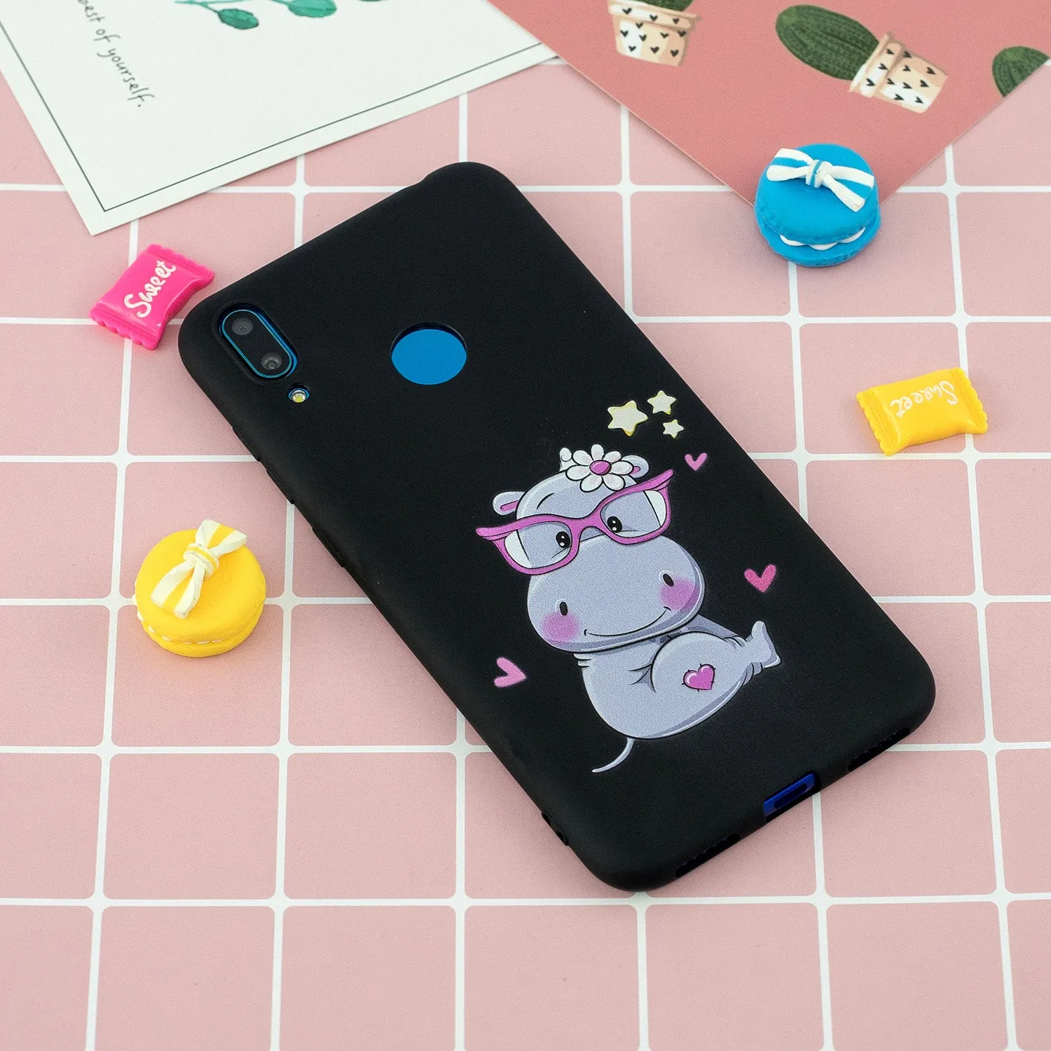 For HUAWEI Y7 2019 Cute Coloured Painted TPU Anti-scratch Non-slip Protective Cover Back Case with Lanyard black