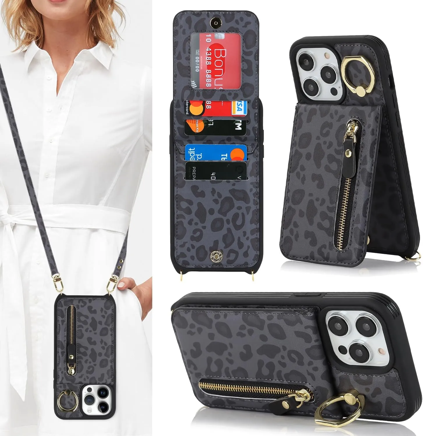 for iPhone 14 pro max Phone Case with Card Holder and Strap for Women, Crossbody Bag with Ring Stand Zipper Wallet Case for Apple14promax Purse - Black Leopard