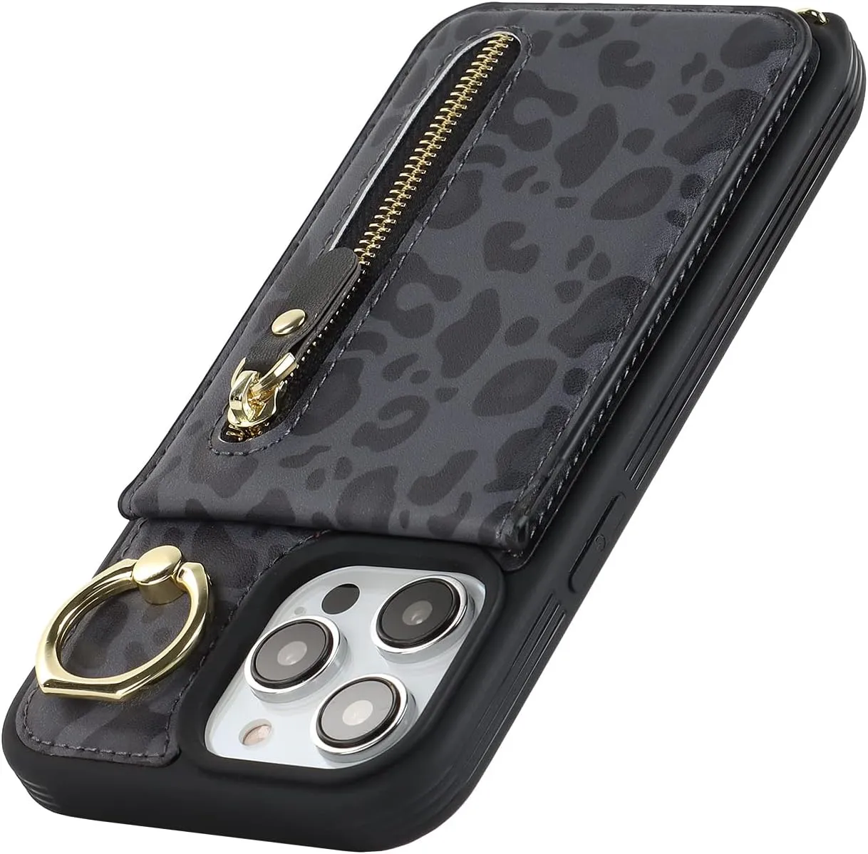 for iPhone 14 pro max Phone Case with Card Holder and Strap for Women, Crossbody Bag with Ring Stand Zipper Wallet Case for Apple14promax Purse - Black Leopard
