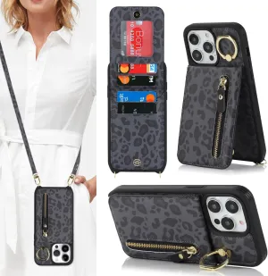 for iPhone 14 pro max Phone Case with Card Holder and Strap for Women, Crossbody Bag with Ring Stand Zipper Wallet Case for Apple14promax Purse - Black Leopard