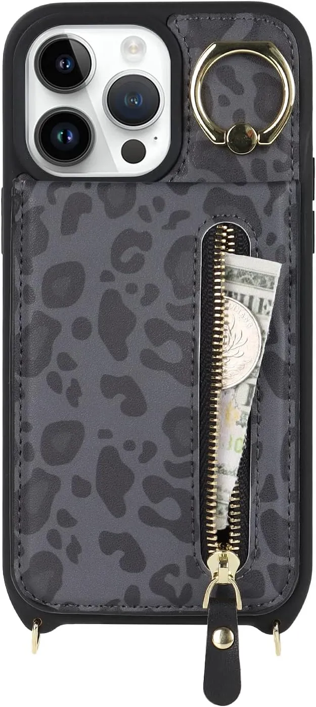 for iPhone 14 pro max Phone Case with Card Holder and Strap for Women, Crossbody Bag with Ring Stand Zipper Wallet Case for Apple14promax Purse - Black Leopard