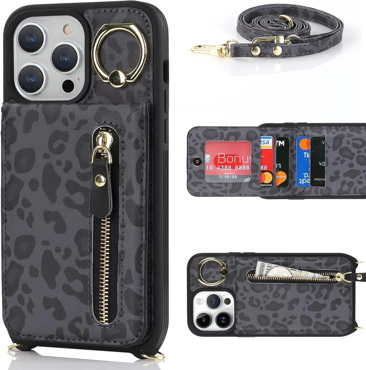 for iPhone 14 pro max Phone Case with Card Holder and Strap for Women, Crossbody Bag with Ring Stand Zipper Wallet Case for Apple14promax Purse - Black Leopard