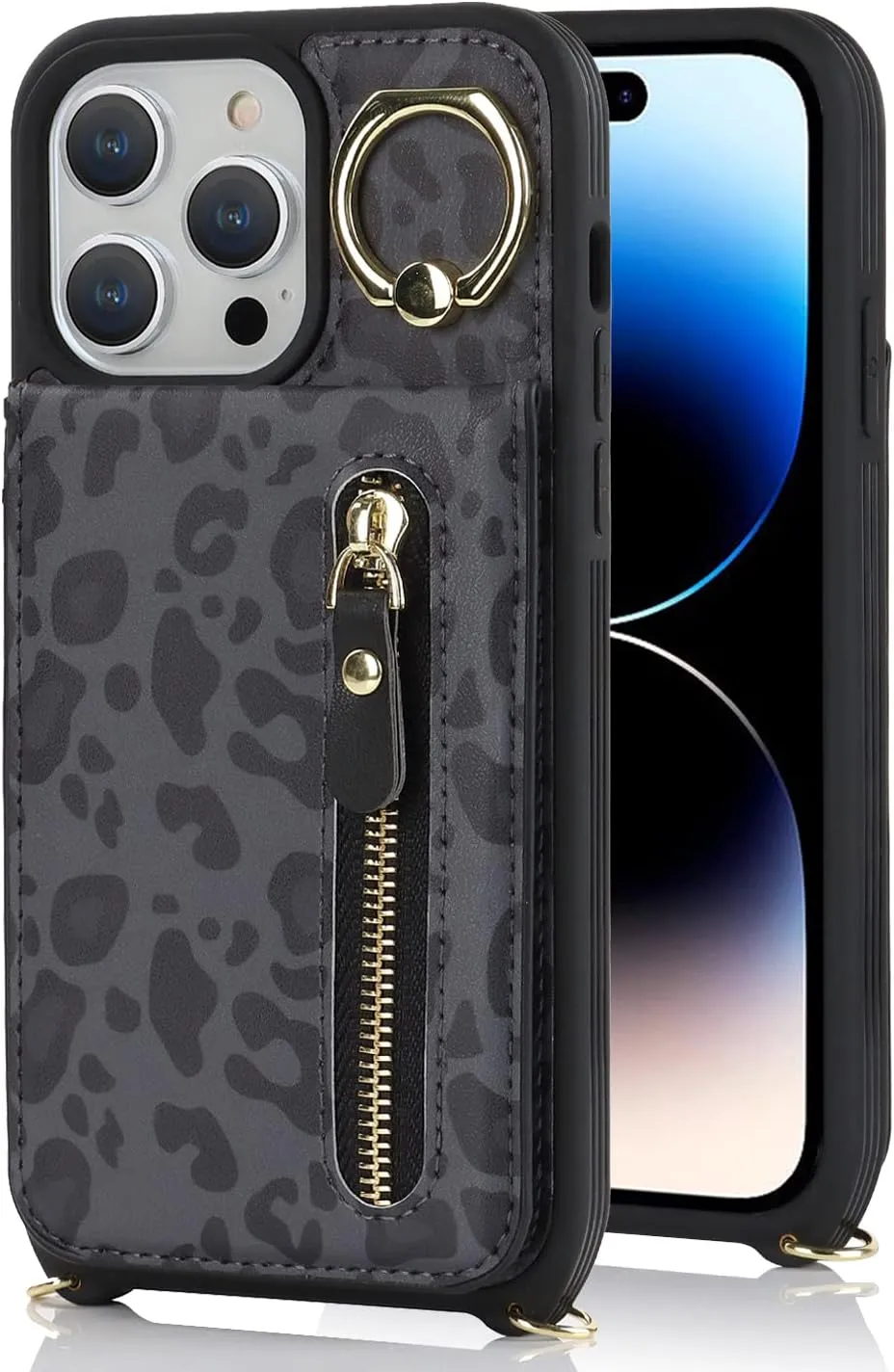 for iPhone 14 pro max Phone Case with Card Holder and Strap for Women, Crossbody Bag with Ring Stand Zipper Wallet Case for Apple14promax Purse - Black Leopard