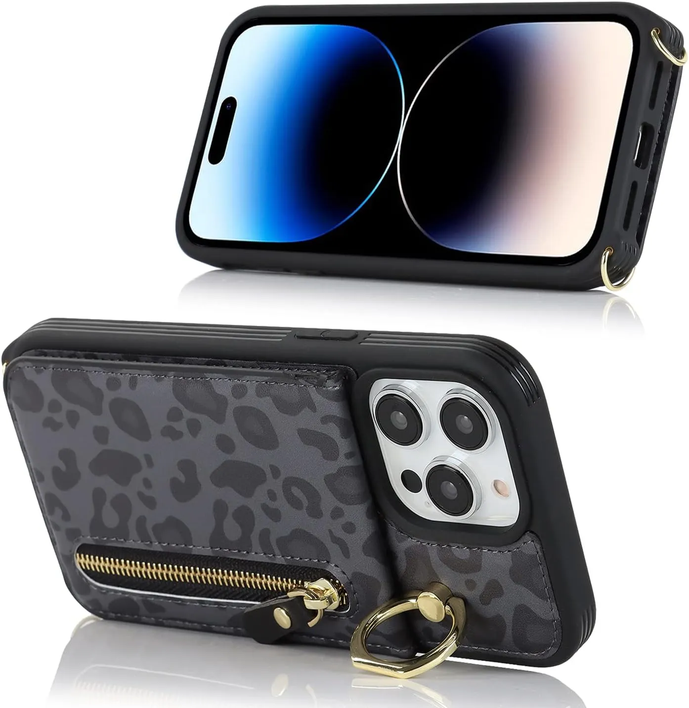 for iPhone 14 pro max Phone Case with Card Holder and Strap for Women, Crossbody Bag with Ring Stand Zipper Wallet Case for Apple14promax Purse - Black Leopard