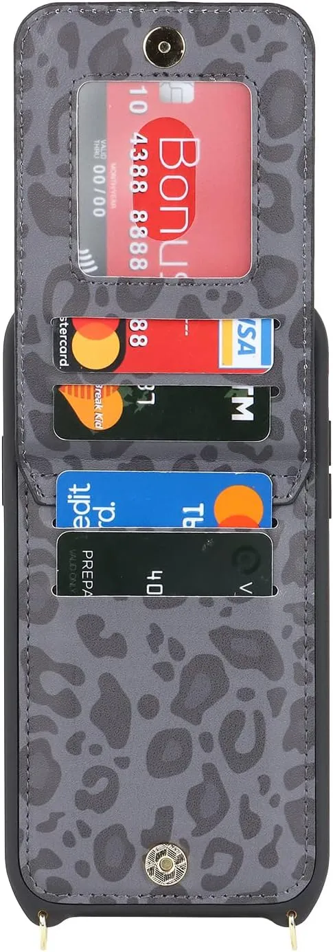 for iPhone 14 pro max Phone Case with Card Holder and Strap for Women, Crossbody Bag with Ring Stand Zipper Wallet Case for Apple14promax Purse - Black Leopard
