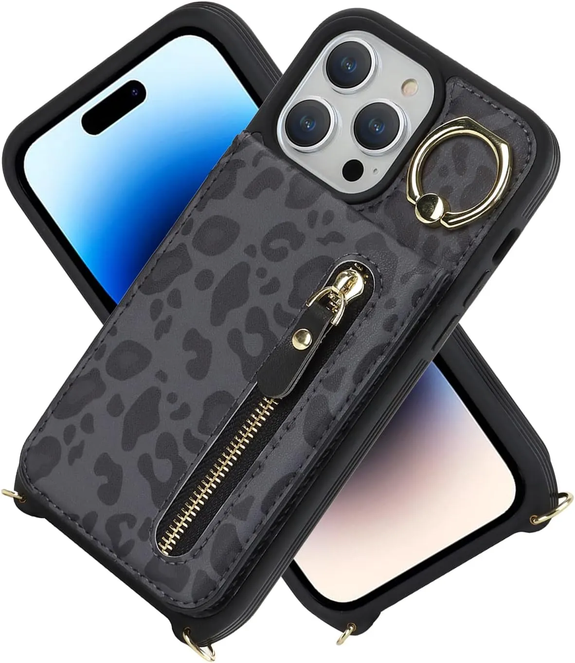 for iPhone 14 pro max Phone Case with Card Holder and Strap for Women, Crossbody Bag with Ring Stand Zipper Wallet Case for Apple14promax Purse - Black Leopard