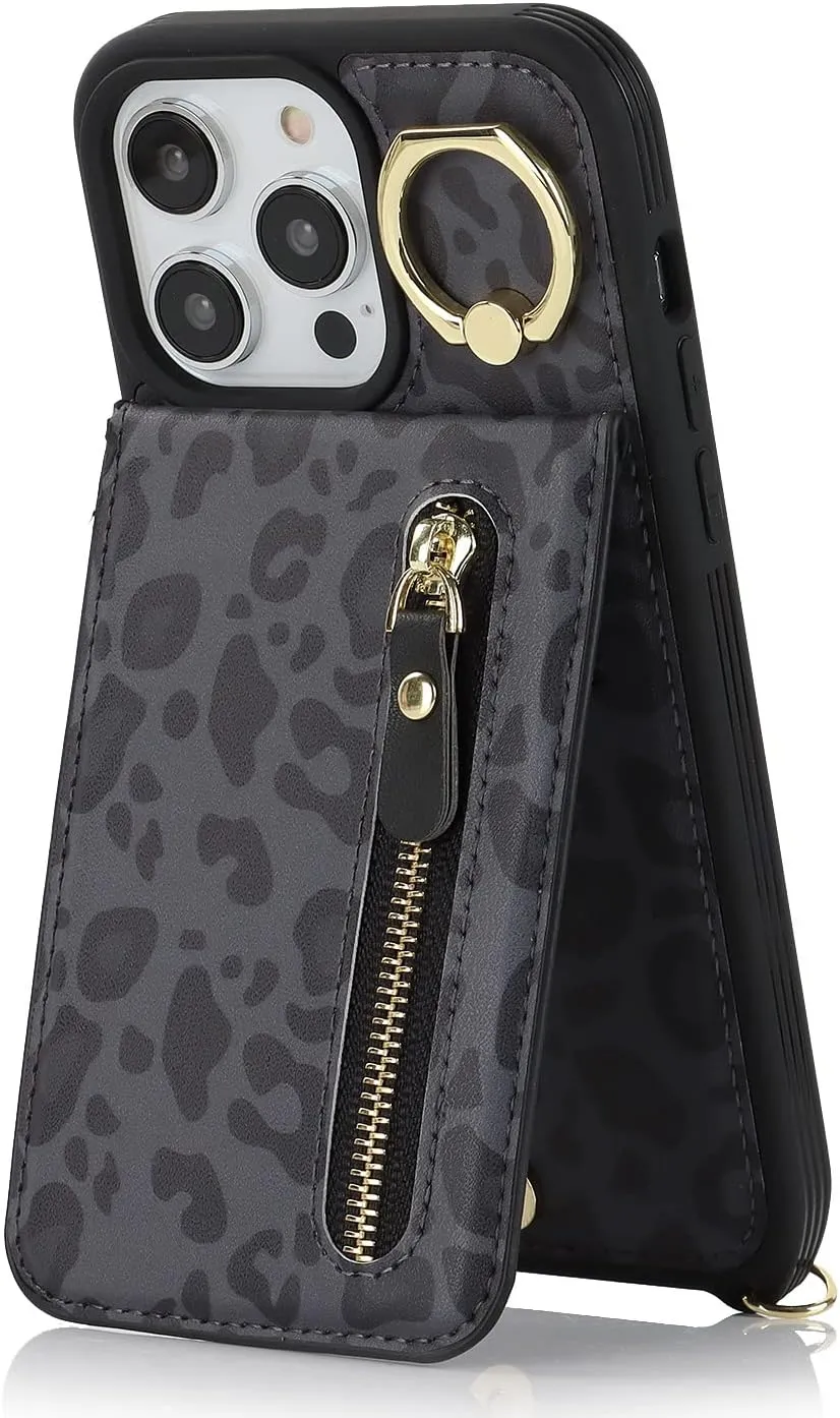 for iPhone 14 pro max Phone Case with Card Holder and Strap for Women, Crossbody Bag with Ring Stand Zipper Wallet Case for Apple14promax Purse - Black Leopard