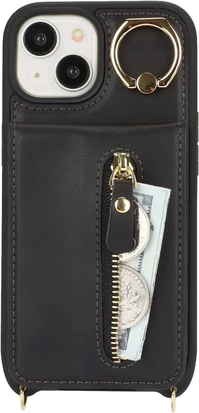 for iPhone 15 Wallet Case with Card Holder, for iPhone 15 Case Wallet with Strap Credit Card Slot, Crossbody Bag with Zipper Case for iPhone15 - Black