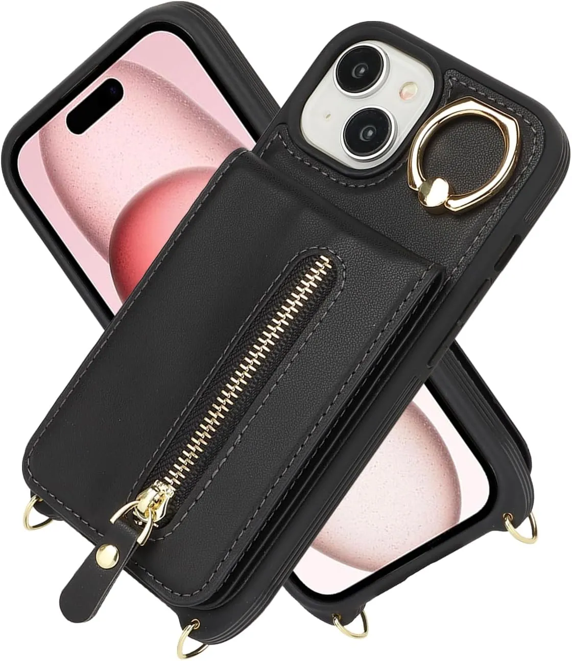 for iPhone 15 Wallet Case with Card Holder, for iPhone 15 Case Wallet with Strap Credit Card Slot, Crossbody Bag with Zipper Case for iPhone15 - Black