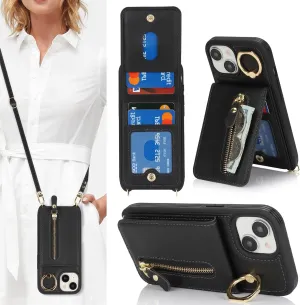 for iPhone 15 Wallet Case with Card Holder, for iPhone 15 Case Wallet with Strap Credit Card Slot, Crossbody Bag with Zipper Case for iPhone15 - Black