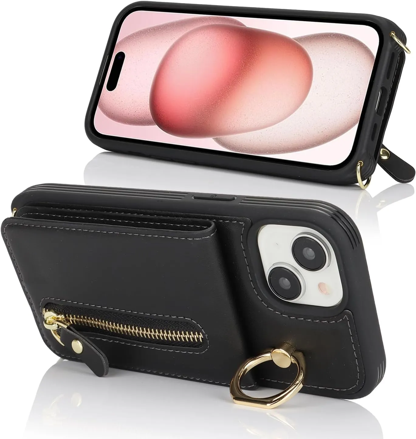 for iPhone 15 Wallet Case with Card Holder, for iPhone 15 Case Wallet with Strap Credit Card Slot, Crossbody Bag with Zipper Case for iPhone15 - Black