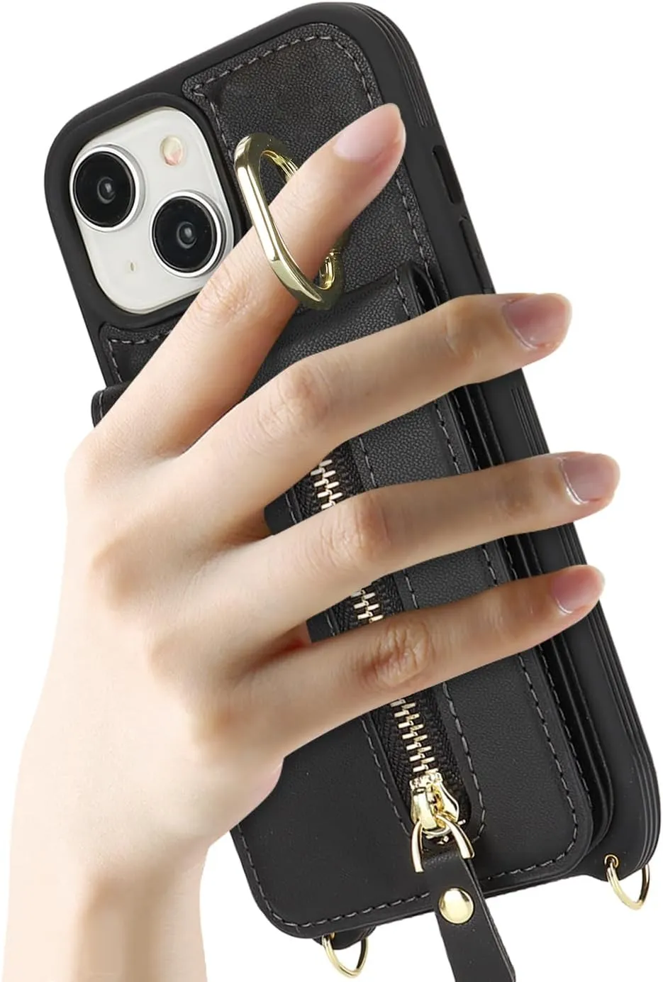 for iPhone 15 Wallet Case with Card Holder, for iPhone 15 Case Wallet with Strap Credit Card Slot, Crossbody Bag with Zipper Case for iPhone15 - Black