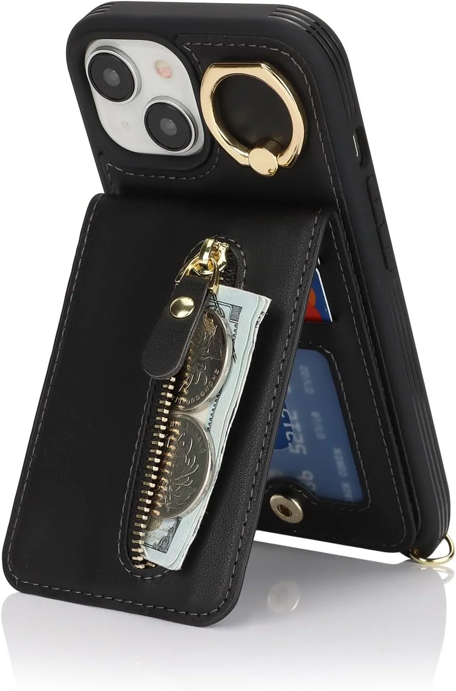 for iPhone 15 Wallet Case with Card Holder, for iPhone 15 Case Wallet with Strap Credit Card Slot, Crossbody Bag with Zipper Case for iPhone15 - Black