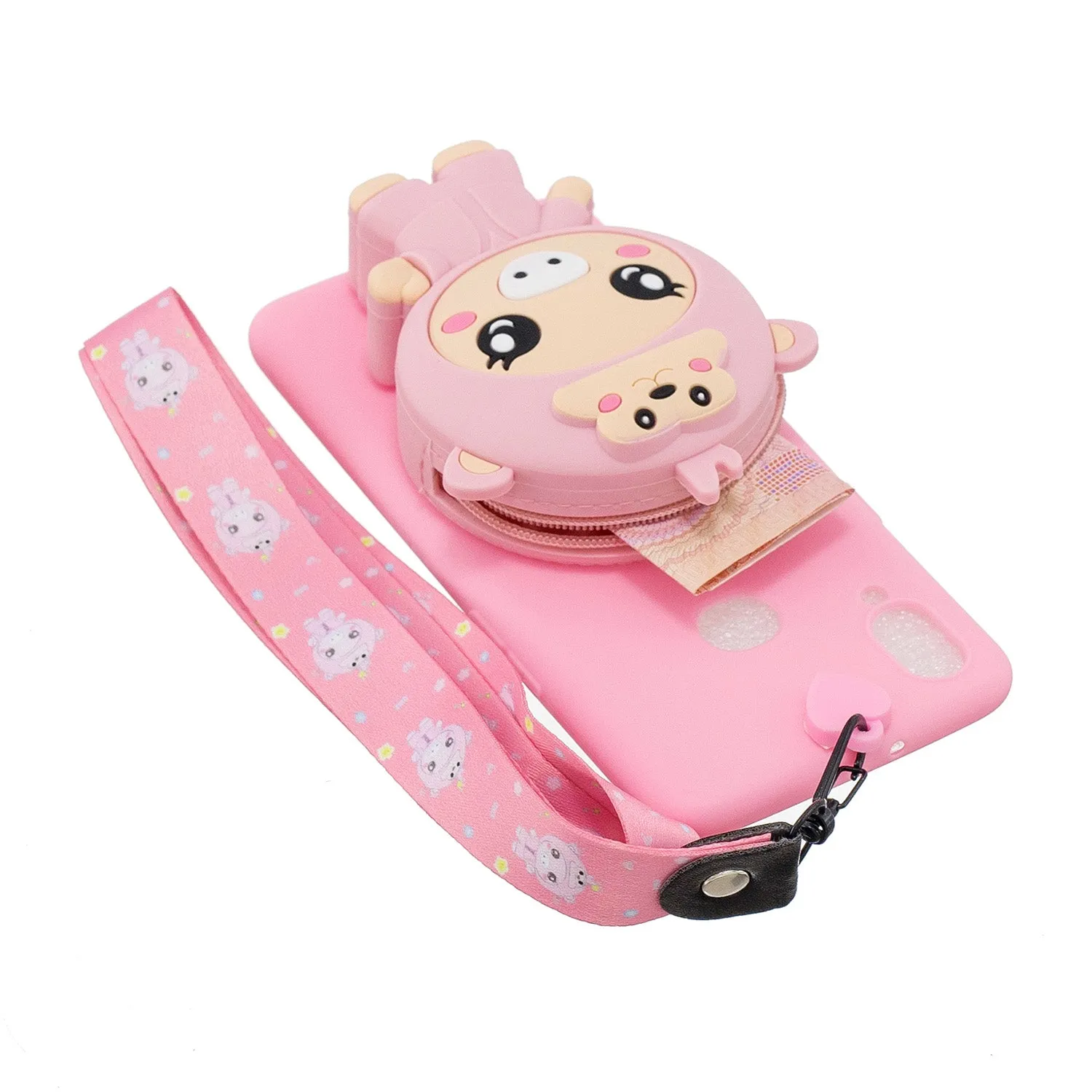 For Samsung A10S A20S TPU Full Protective Cartoon Mobile Phone Cover with Coin Purse Hanging Lanyard 2 light blue elephant