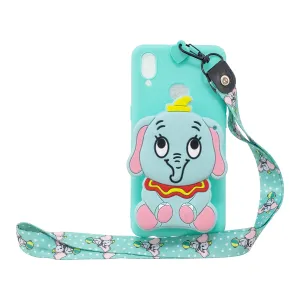 For Samsung A10S A20S TPU Full Protective Cartoon Mobile Phone Cover with Coin Purse Hanging Lanyard 2 light blue elephant