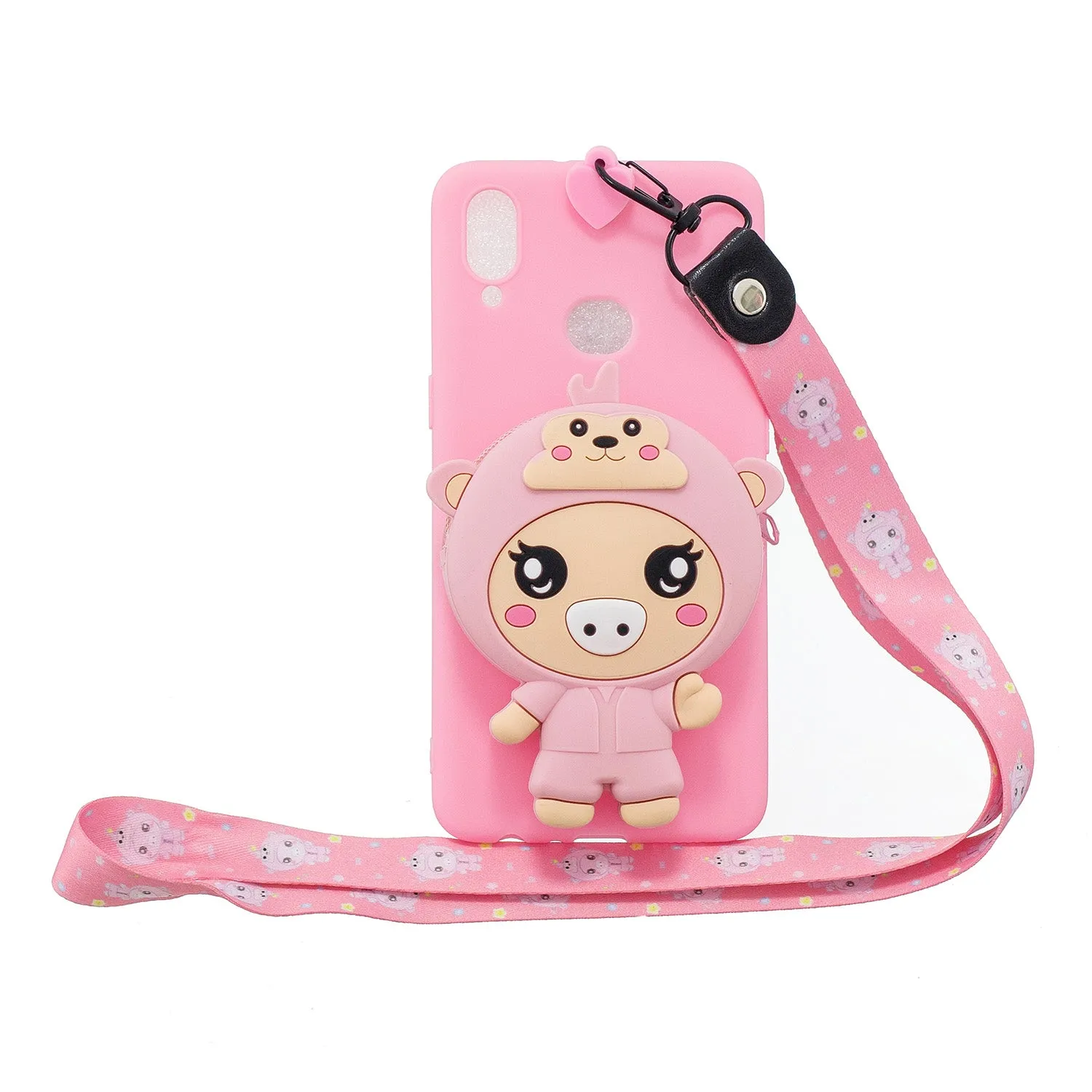 For Samsung A10S A20S TPU Full Protective Cartoon Mobile Phone Cover with Coin Purse Hanging Lanyard 2 light blue elephant