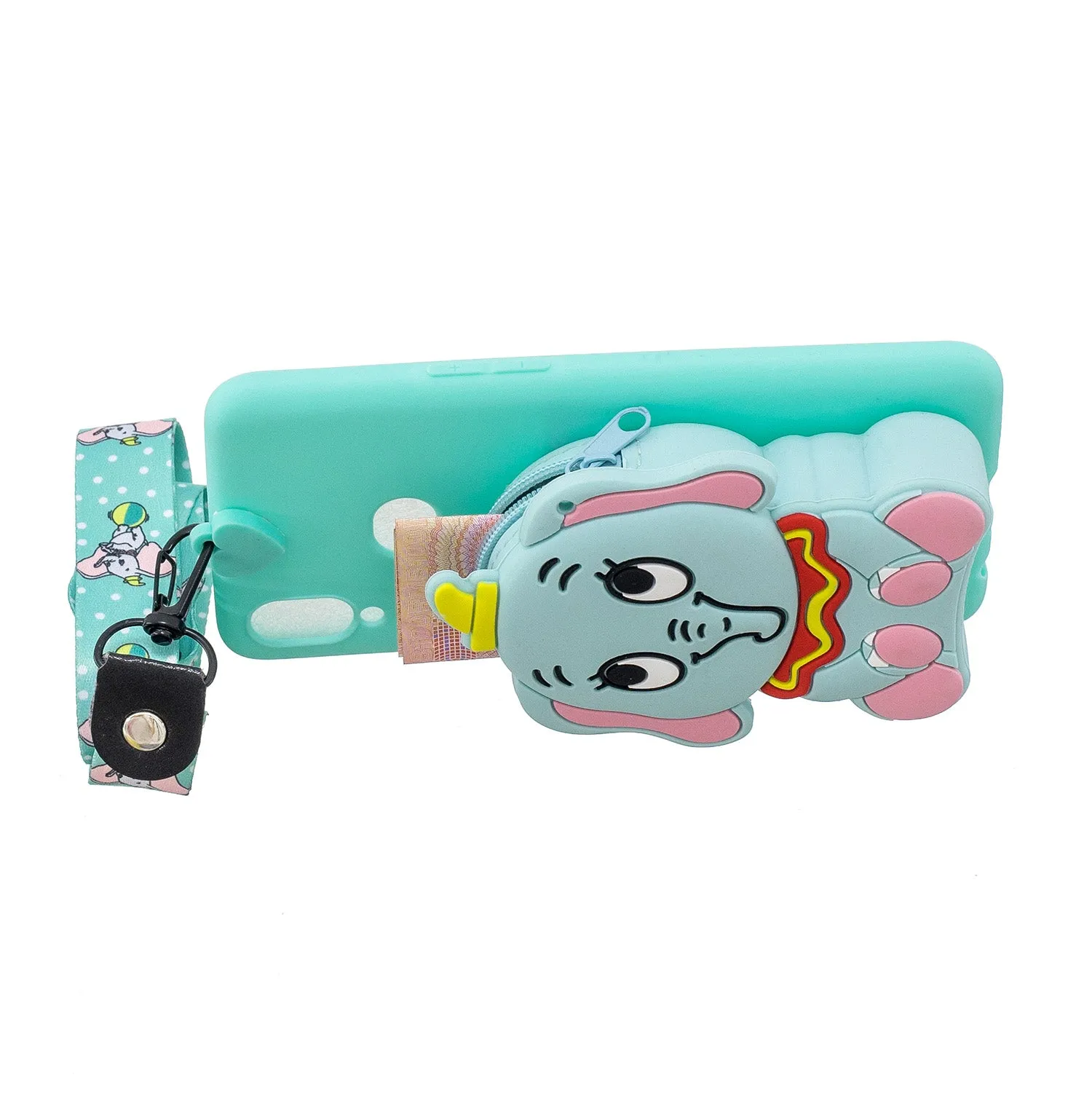 For Samsung A10S A20S TPU Full Protective Cartoon Mobile Phone Cover with Coin Purse Hanging Lanyard 2 light blue elephant