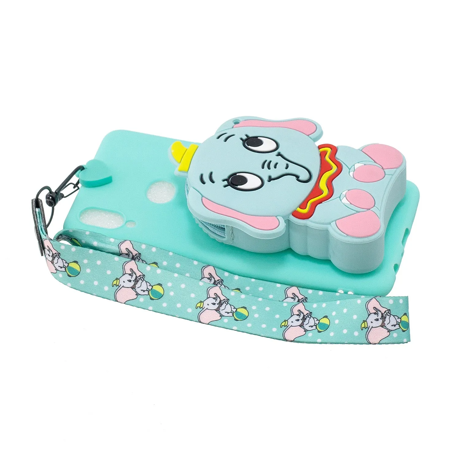 For Samsung A10S A20S TPU Full Protective Cartoon Mobile Phone Cover with Coin Purse Hanging Lanyard 2 light blue elephant