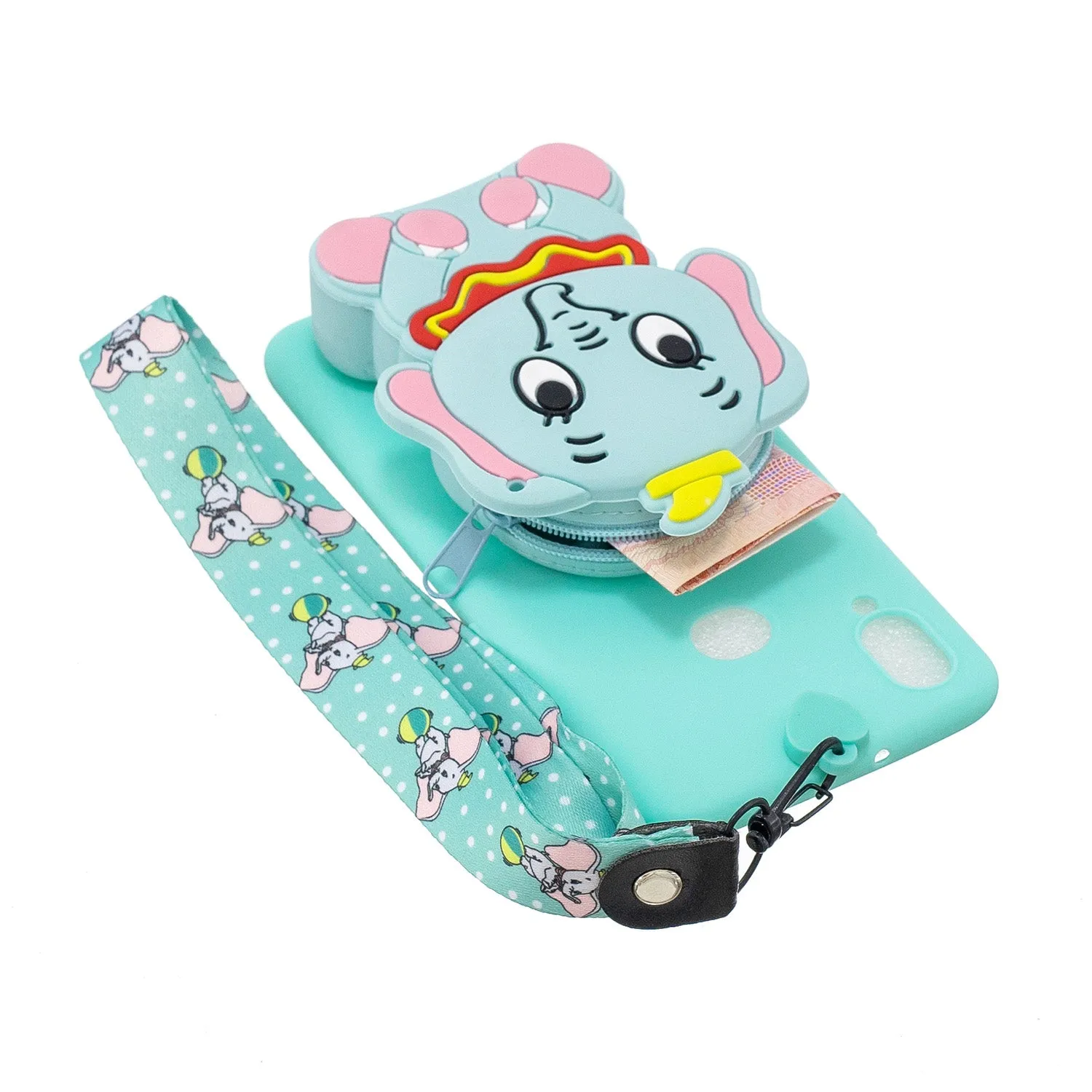 For Samsung A10S A20S TPU Full Protective Cartoon Mobile Phone Cover with Coin Purse Hanging Lanyard 2 light blue elephant