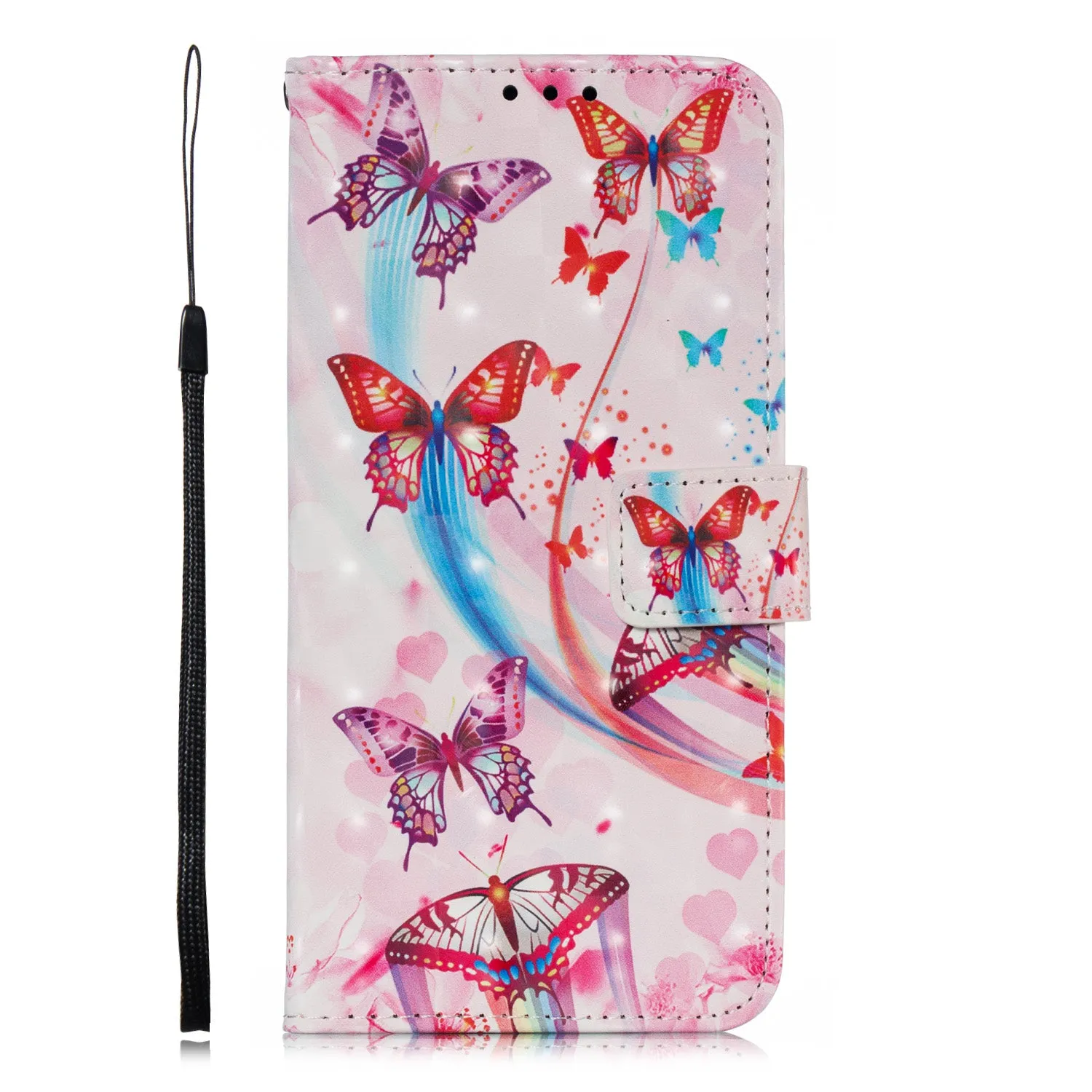 For Samsung A7 2018 3D Coloured Painted Leather Protective Phone Case with Button & Card Position & Lanyard Butterfly flying