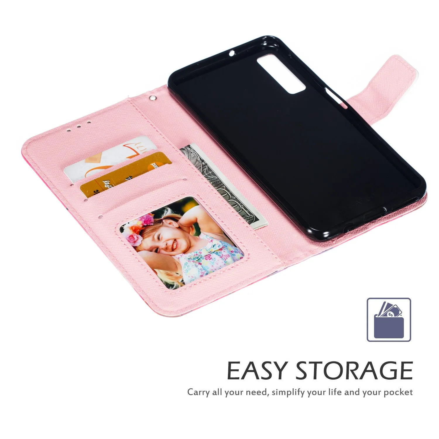 For Samsung A7 2018 3D Coloured Painted Leather Protective Phone Case with Button & Card Position & Lanyard Butterfly flying