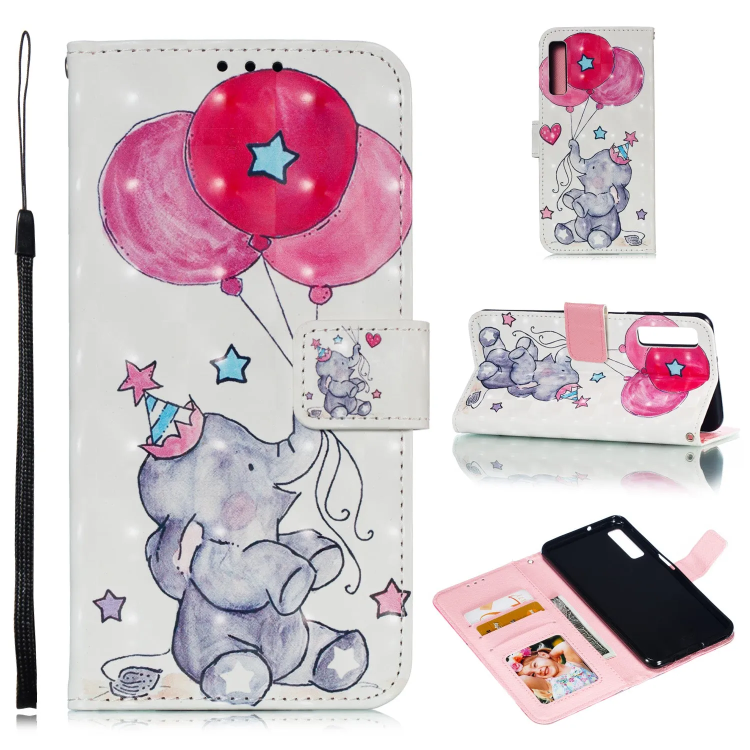 For Samsung A7 2018 3D Coloured Painted Leather Protective Phone Case with Button & Card Position & Lanyard Butterfly flying
