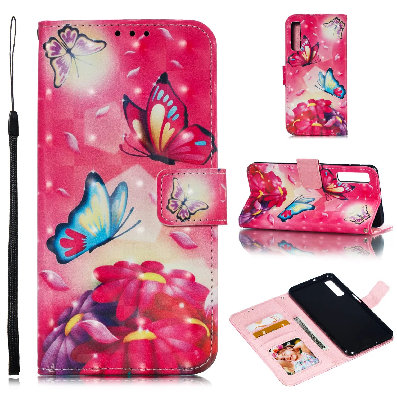 For Samsung A7 2018 3D Coloured Painted Leather Protective Phone Case with Button & Card Position & Lanyard Butterfly flying