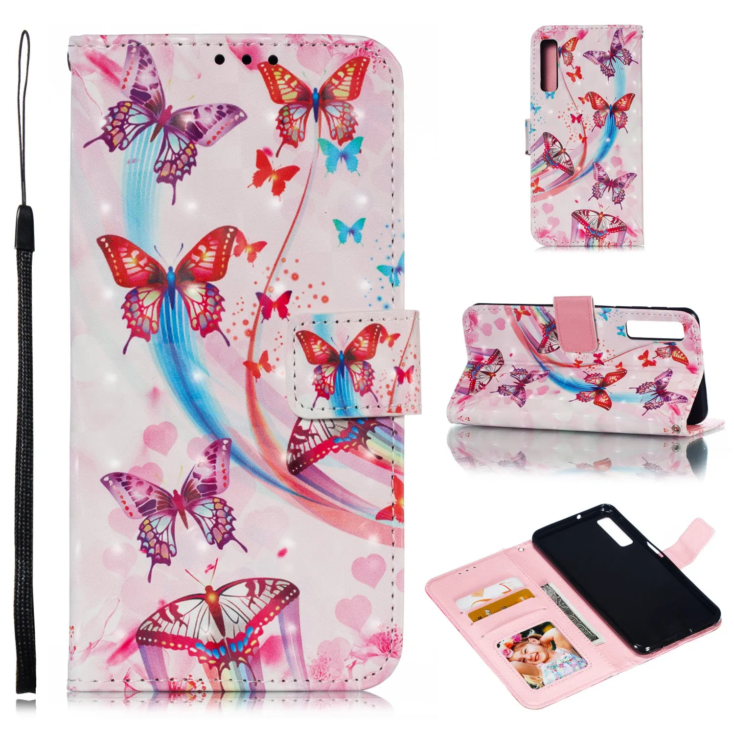 For Samsung A7 2018 3D Coloured Painted Leather Protective Phone Case with Button & Card Position & Lanyard Butterfly flying