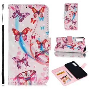 For Samsung A7 2018 3D Coloured Painted Leather Protective Phone Case with Button & Card Position & Lanyard Butterfly flying