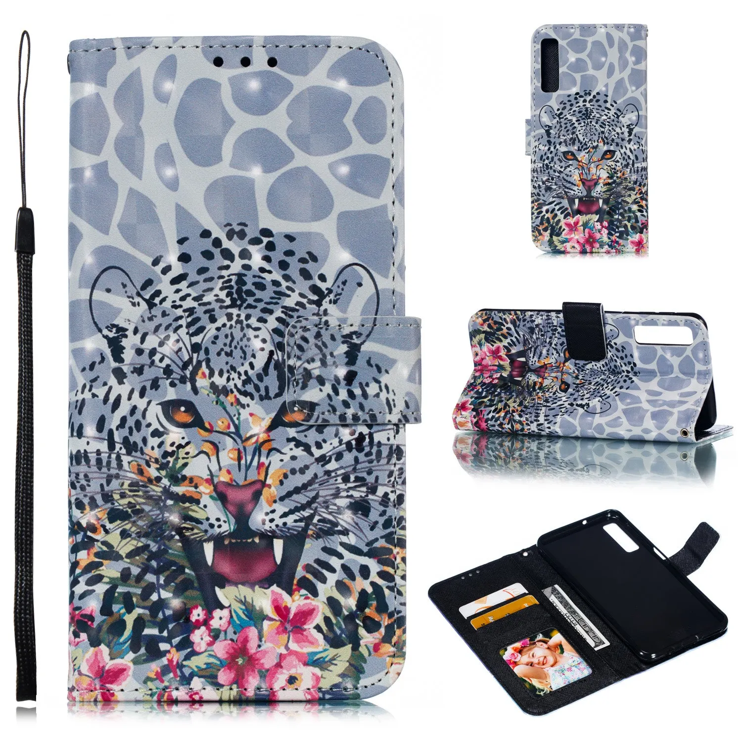 For Samsung A7 2018 3D Coloured Painted Leather Protective Phone Case with Button & Card Position & Lanyard Butterfly flying