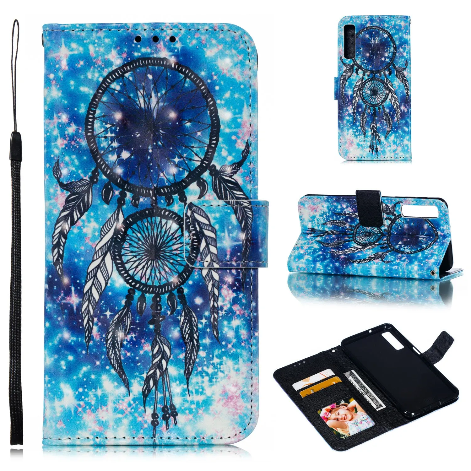 For Samsung A7 2018 3D Coloured Painted Leather Protective Phone Case with Button & Card Position & Lanyard Butterfly flying