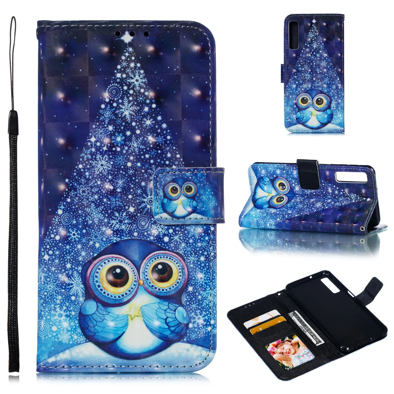 For Samsung A7 2018 3D Coloured Painted Leather Protective Phone Case with Button & Card Position & Lanyard Butterfly flying