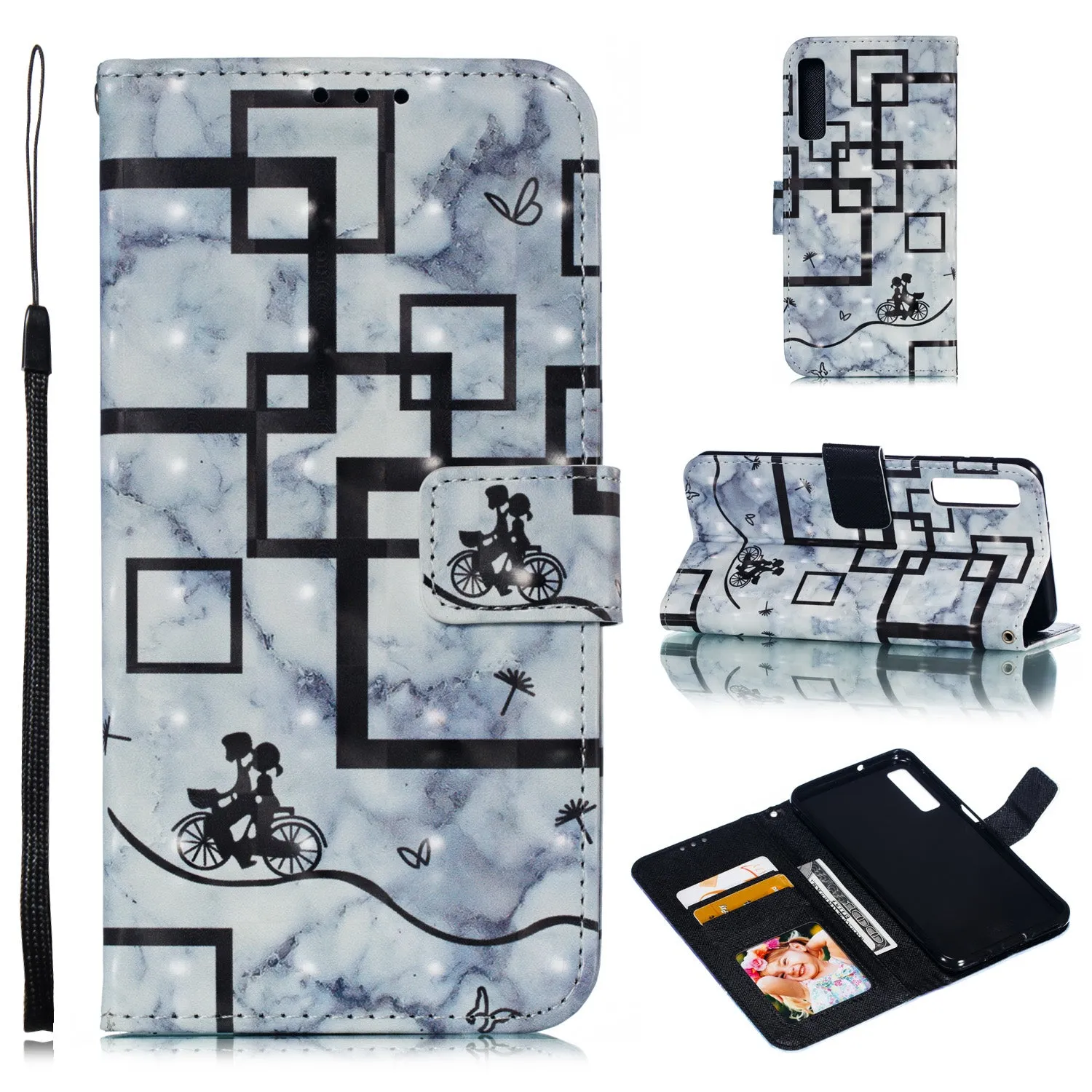 For Samsung A7 2018 3D Coloured Painted Leather Protective Phone Case with Button & Card Position & Lanyard Butterfly flying
