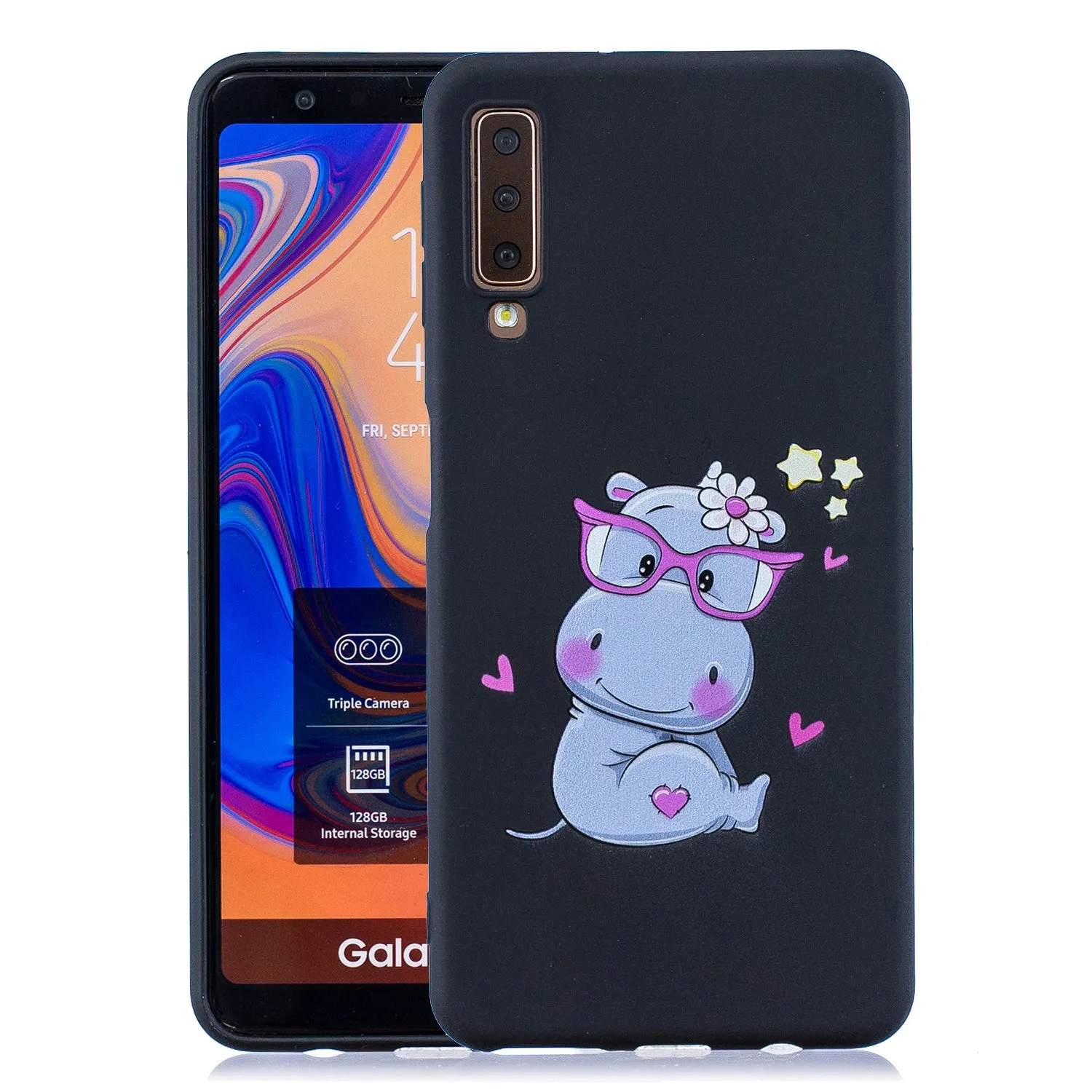 For Samsung A7 2018 Cartoon Lovely Coloured Painted Soft TPU Back Cover Non-slip Shockproof Full Protective Case with Lanyard white