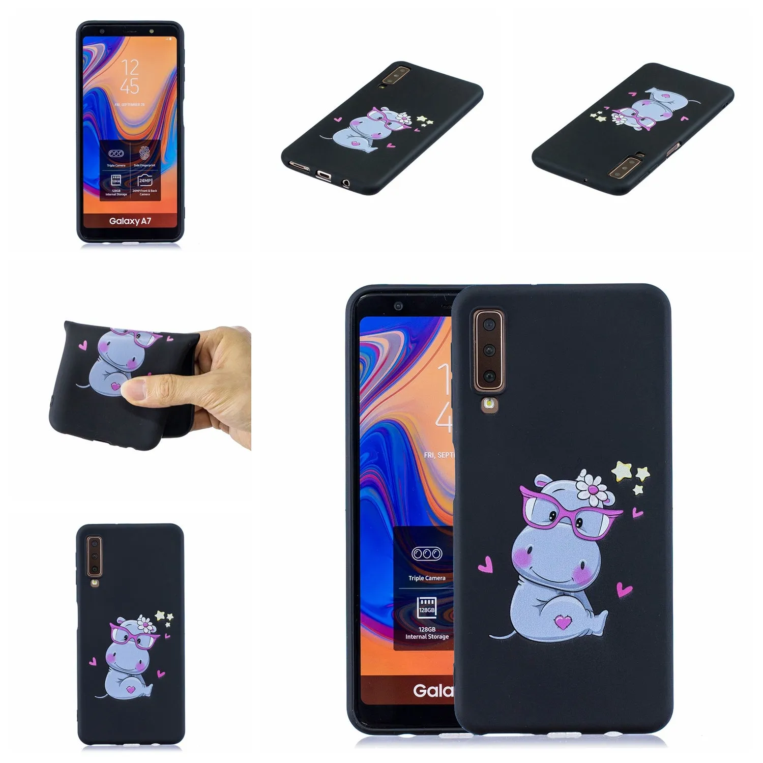 For Samsung A7 2018 Cartoon Lovely Coloured Painted Soft TPU Back Cover Non-slip Shockproof Full Protective Case with Lanyard white