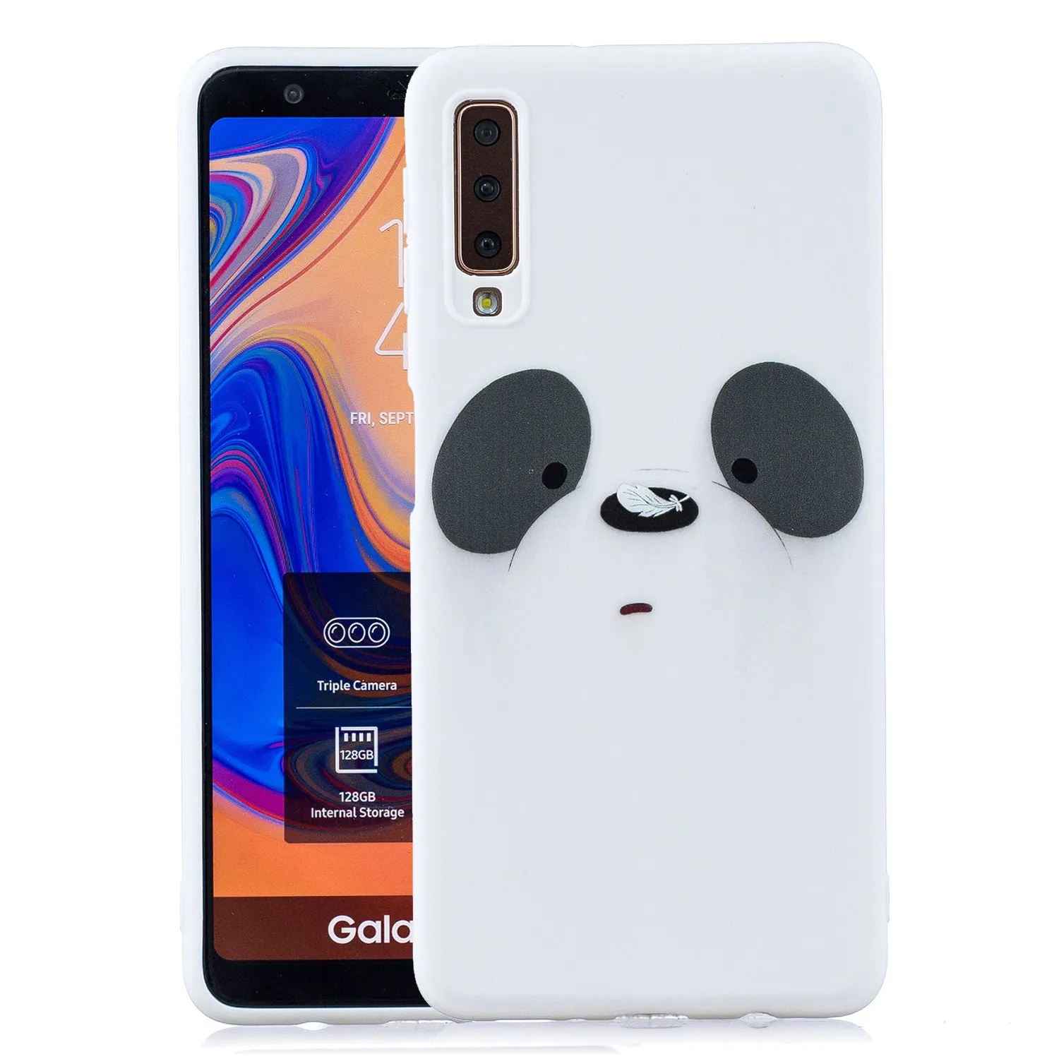 For Samsung A7 2018 Cartoon Lovely Coloured Painted Soft TPU Back Cover Non-slip Shockproof Full Protective Case with Lanyard white