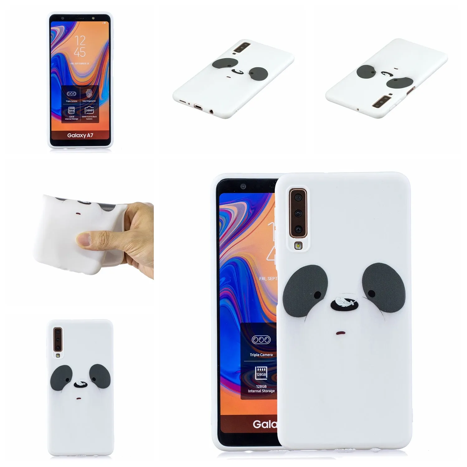 For Samsung A7 2018 Cartoon Lovely Coloured Painted Soft TPU Back Cover Non-slip Shockproof Full Protective Case with Lanyard white