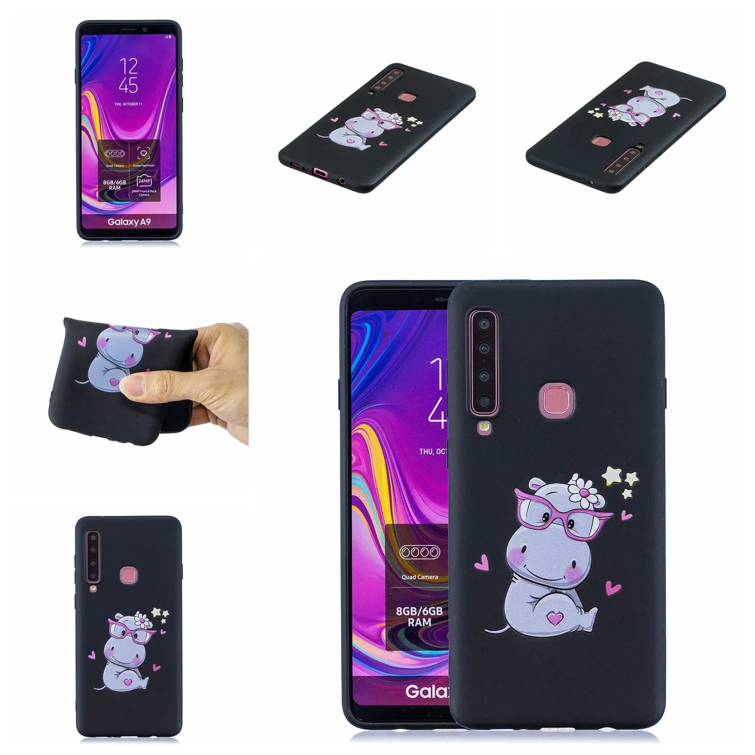 For Samsung A9 2018 Cartoon Lovely Coloured Painted Soft TPU Back Cover Non-slip Shockproof Full Protective Case with Lanyard sapphire