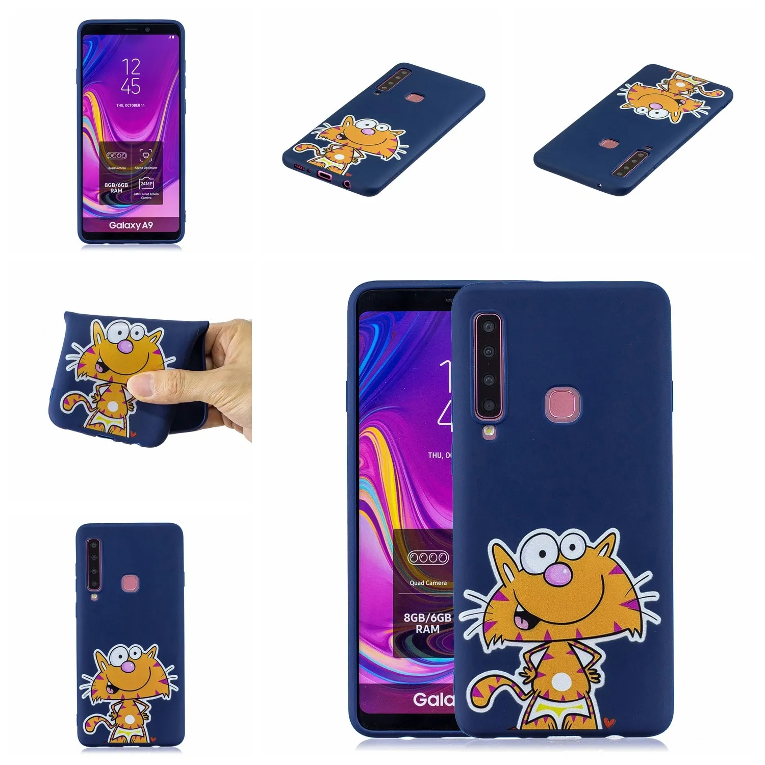 For Samsung A9 2018 Cartoon Lovely Coloured Painted Soft TPU Back Cover Non-slip Shockproof Full Protective Case with Lanyard sapphire