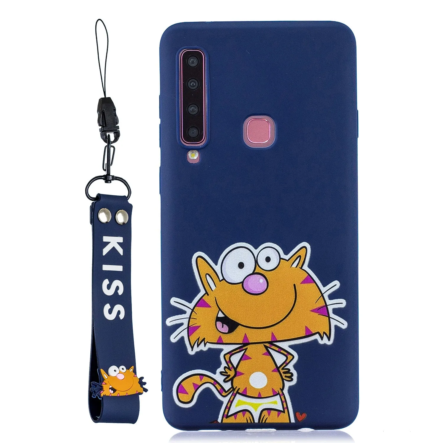 For Samsung A9 2018 Cartoon Lovely Coloured Painted Soft TPU Back Cover Non-slip Shockproof Full Protective Case with Lanyard sapphire