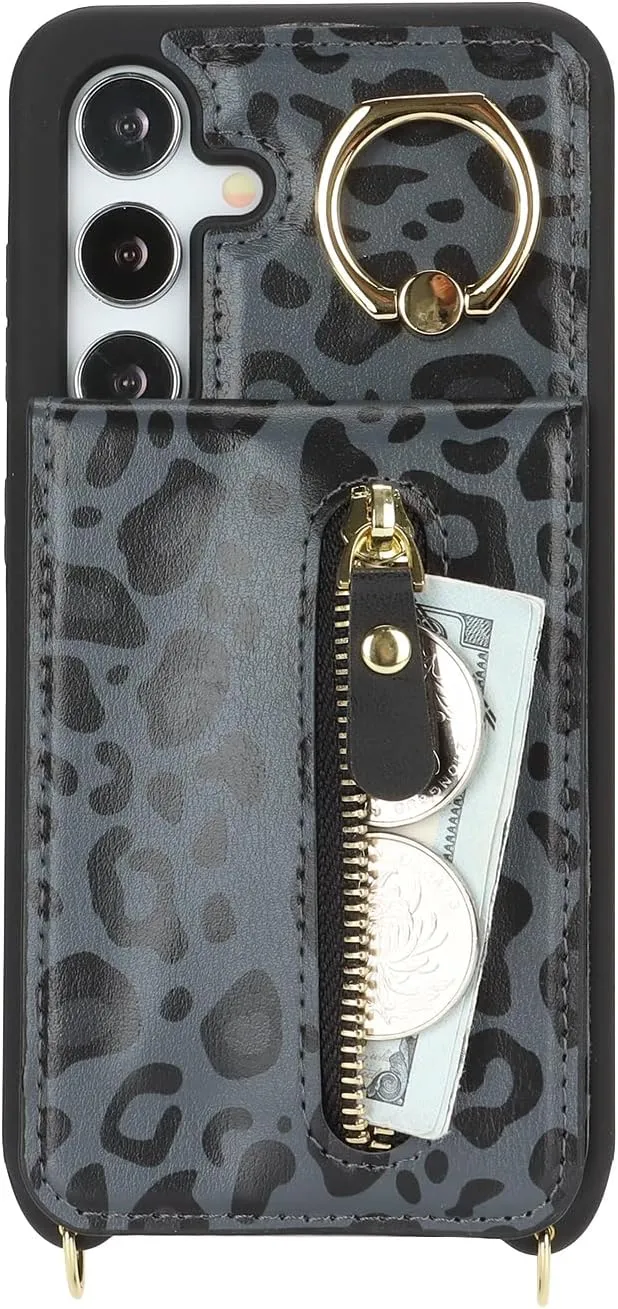 for Samsung Galaxy S24 Wallet Case with Card Holder, for Galaxy S24 Case Wallet with Strap Credit Card Slot, Crossbody Bag with Zipper Case - Black Leopard
