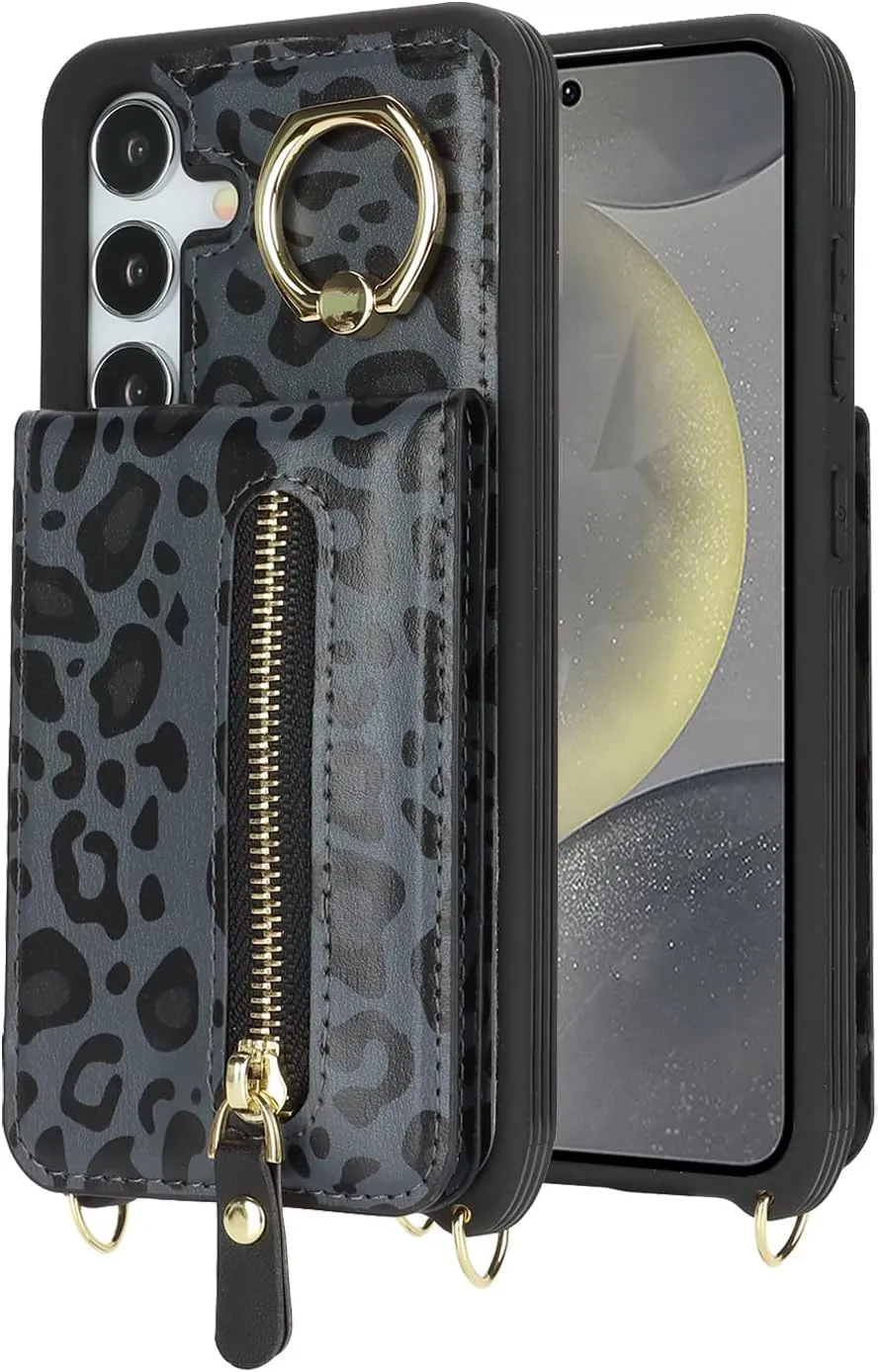 for Samsung Galaxy S24 Wallet Case with Card Holder, for Galaxy S24 Case Wallet with Strap Credit Card Slot, Crossbody Bag with Zipper Case - Black Leopard