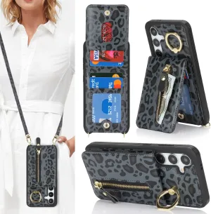 for Samsung Galaxy S24 Wallet Case with Card Holder, for Galaxy S24 Case Wallet with Strap Credit Card Slot, Crossbody Bag with Zipper Case - Black Leopard